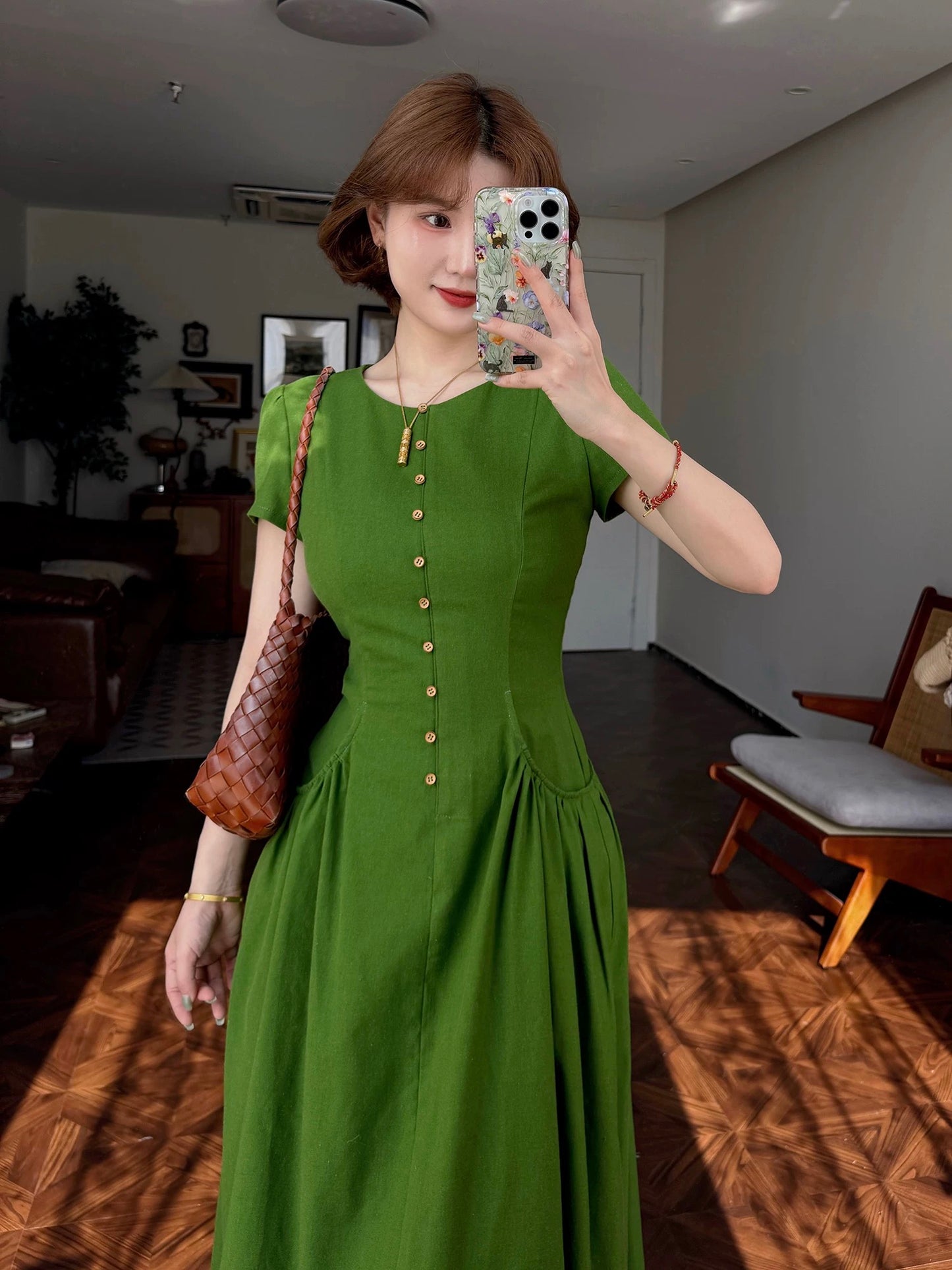 Lei Yingjun-The Voice of Summer-Summer French Linen Waisted High-end Temperament A-line Dress-JF6254
