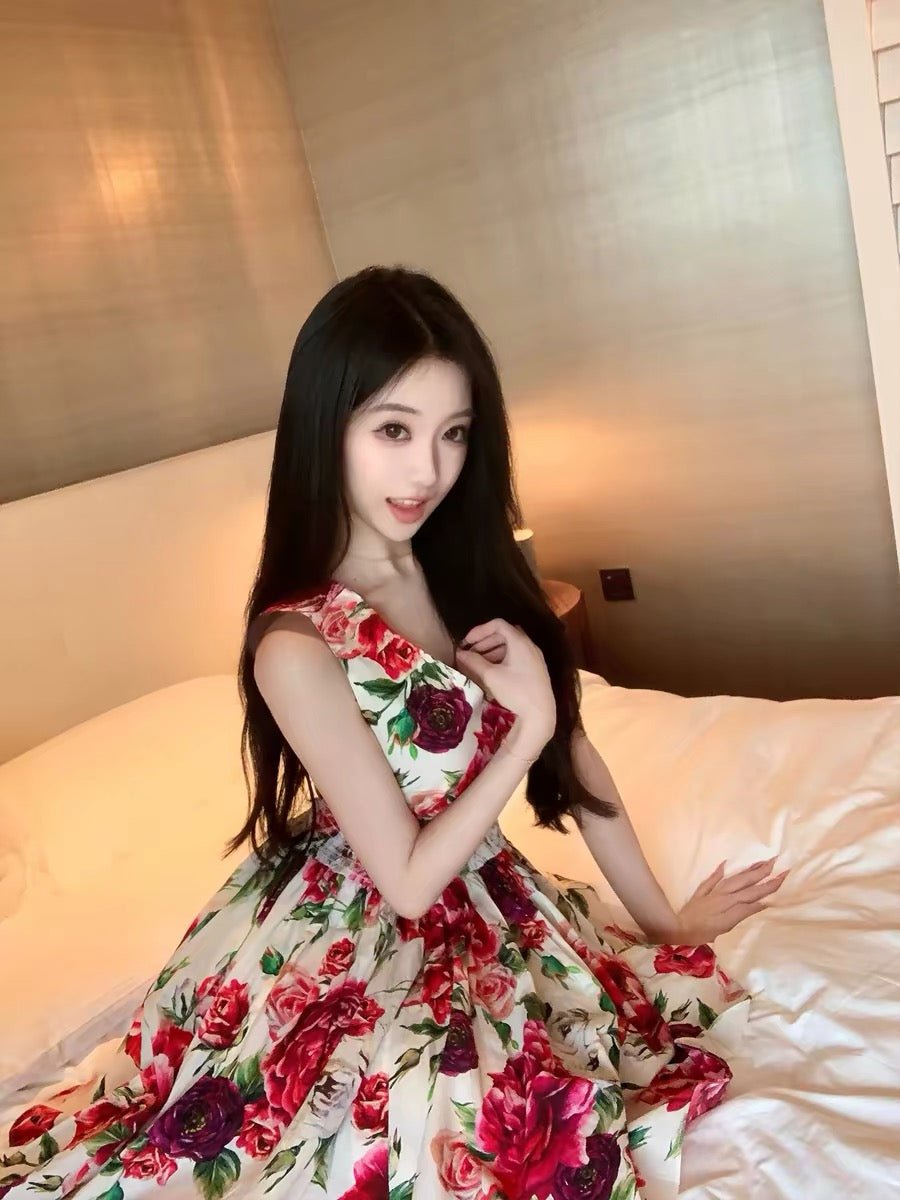 Ye Jia Nailah's "Floral Style" French Resort Retro Print V-Neck Sleeveless Dress for Women (Summer)