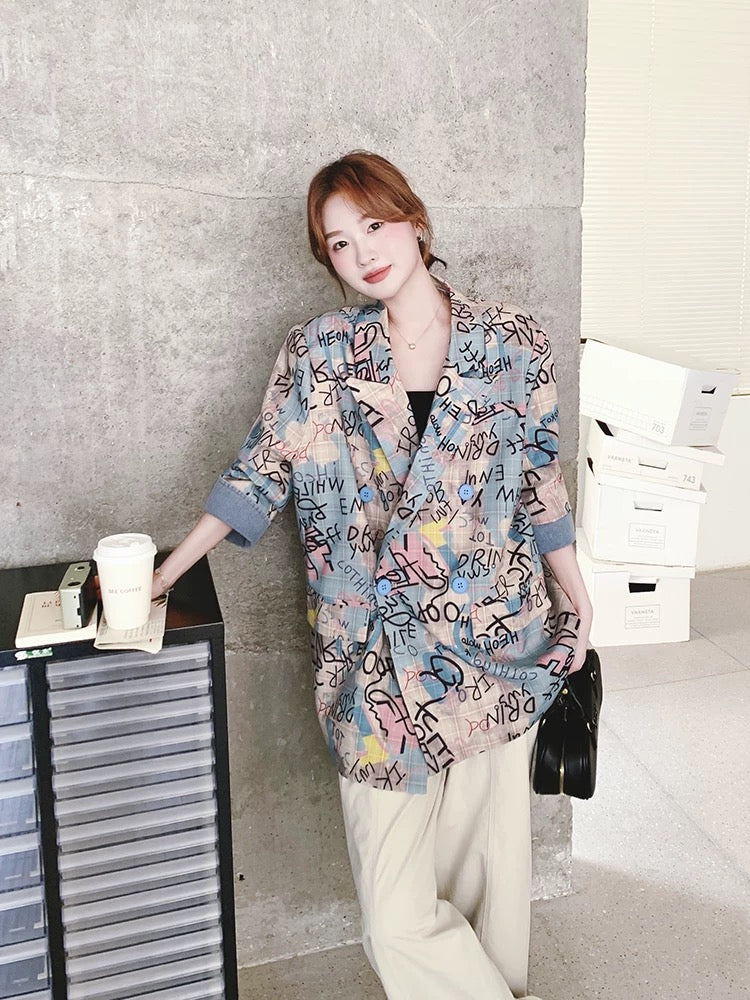 Denim patchwork graffiti plaid print suit jacket women autumn 2025 new Korean loose casual suit