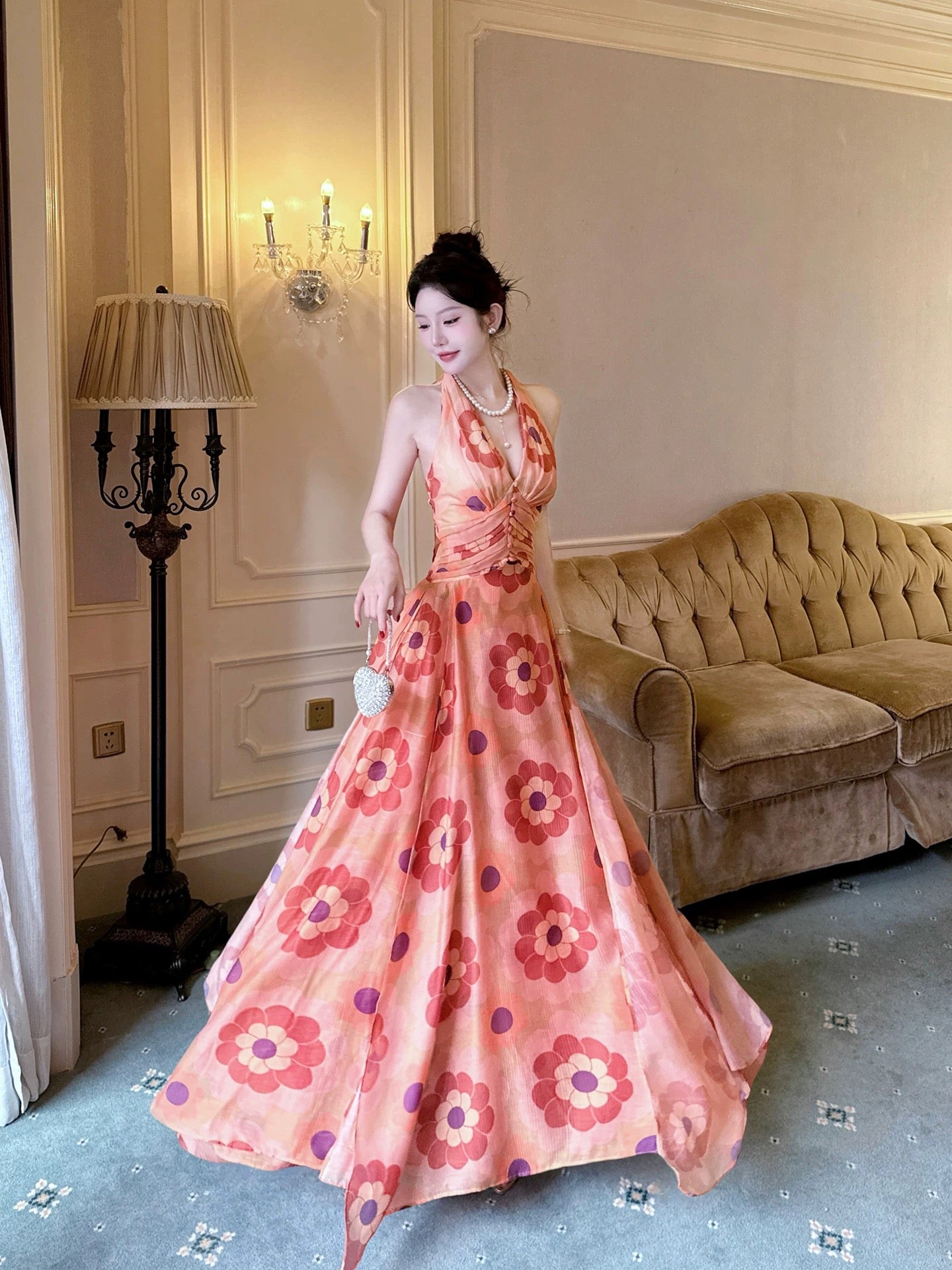 Good Job! 【Mirror Flower Romance】French Orange-Red Floral Print Halter Dress - Dopamine Vacation Style Dress