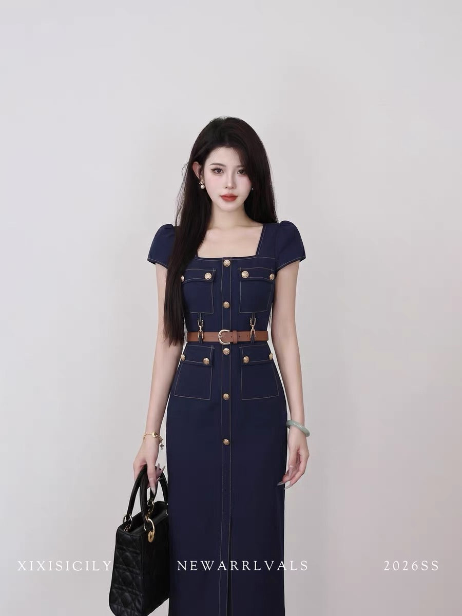 Sicily French-style square neck dress, summer style, fitted waist, suitable for commuting, high-end and elegant.