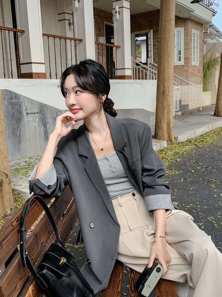 Gray Korean style fashion temperament double-breasted suit jacket women autumn 2025 new loose slim versatile suit