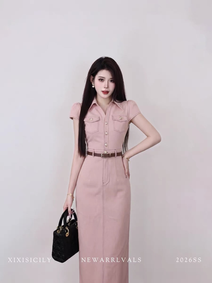 Sicily's French-style pink dress, a summer slim-fit long dress, exudes a sophisticated and intelligent vibe, perfect for commuting.