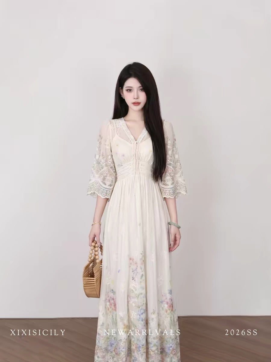 Sicily French Romantic Style V-neck Lace Dress Women's Waist-cinching Long Dress Embroidered Full Skirt