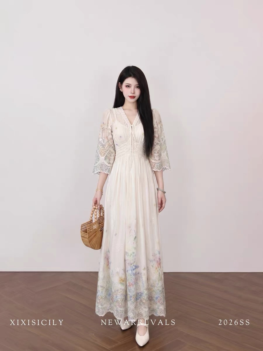 Sicily French Romantic Style V-neck Lace Dress Women's Waist-cinching – Lee  Nhi Boutique
