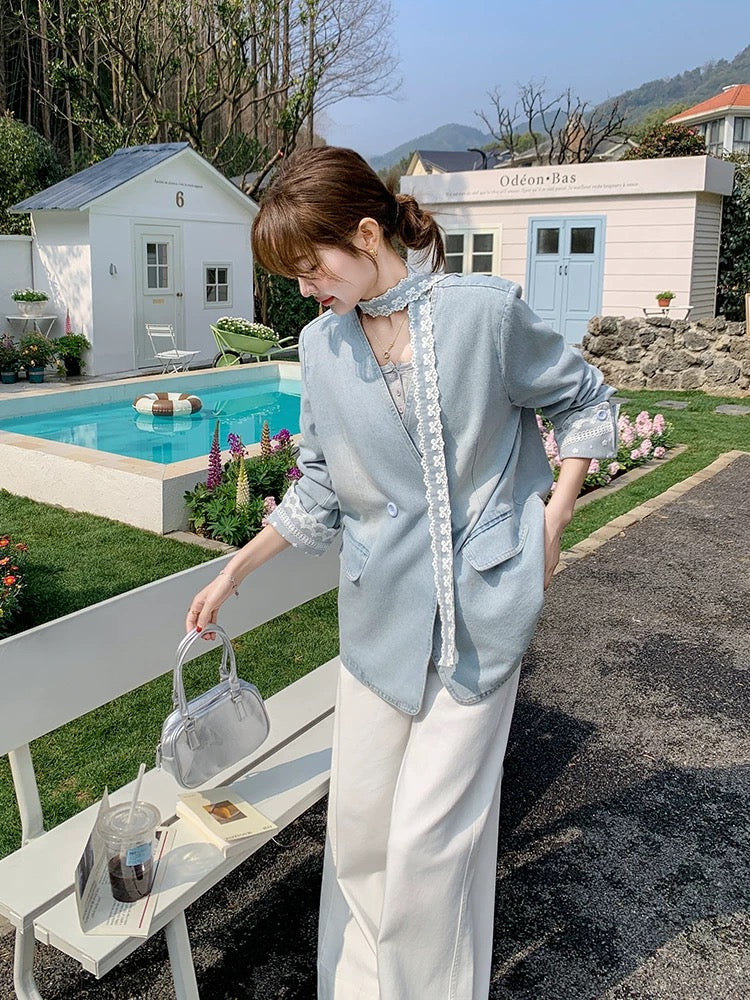 Lace stitching ribbon denim suit jacket women autumn 2025 new style super hot design niche v-neck suit