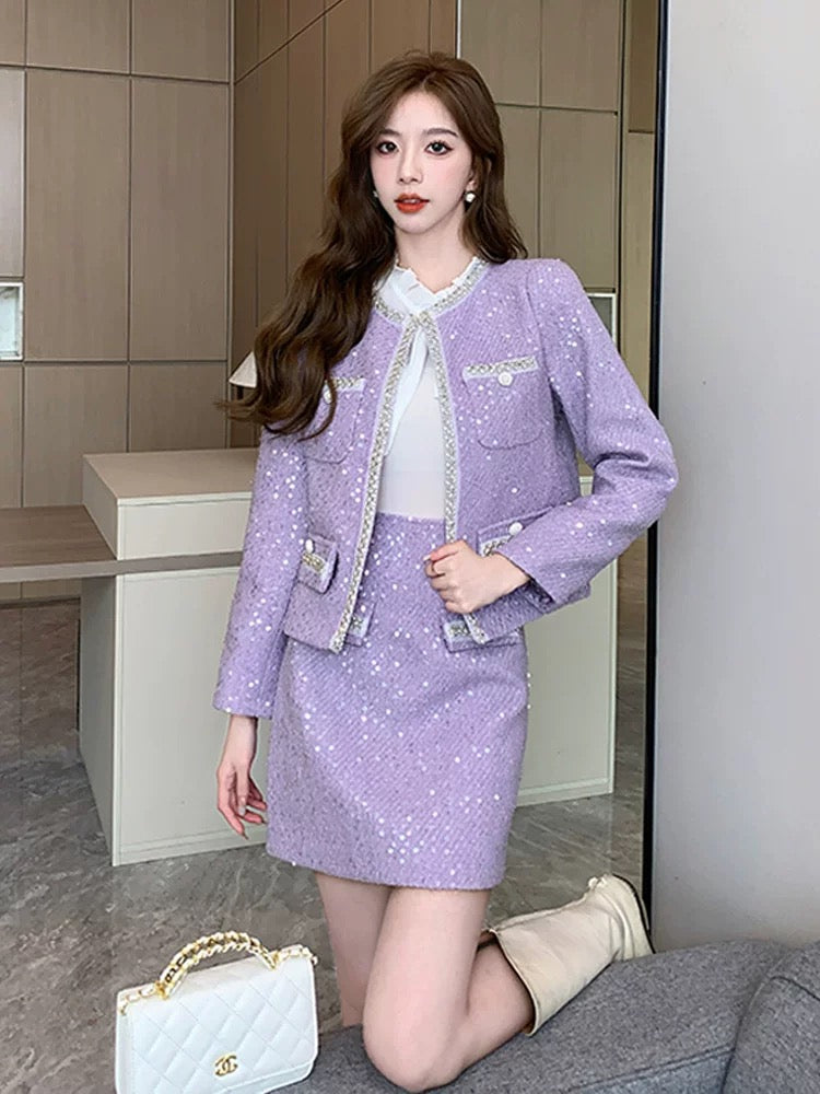 Street-breaking age-reducing fashion suit, elegant socialite heavy industry sequined small fragrance style jacket tweed skirt two-piece set