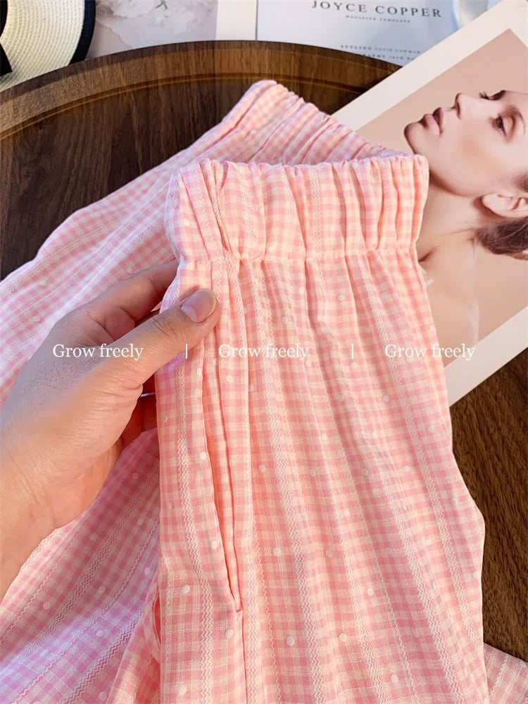 Grow freely pink plaid polka dot drawstring casual pants, summer relaxed style, straight leg, high waist, long pants for women.
