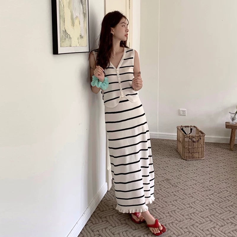 Fashion suit women's striped vest top women's summer French temperament high waist hip skirt half-length skirt two-piece suit