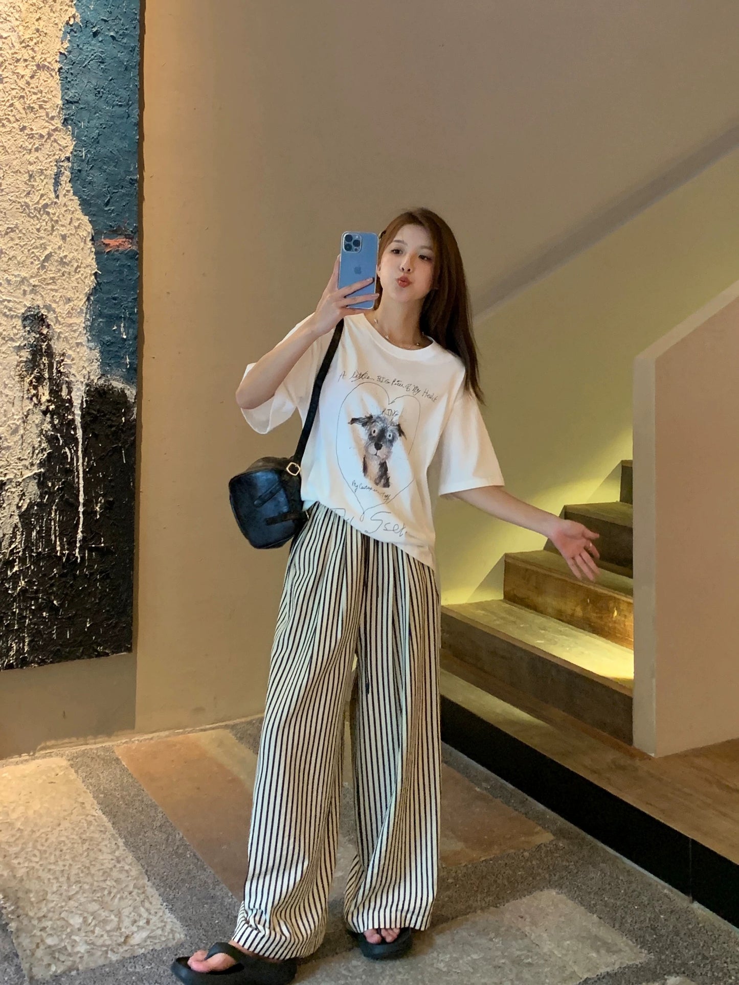 Ayi Lazy Stroll Loose Black and White Striped Pants Women's Summer Straight Pants Yamamoto Pants Casual Wide-leg Pants