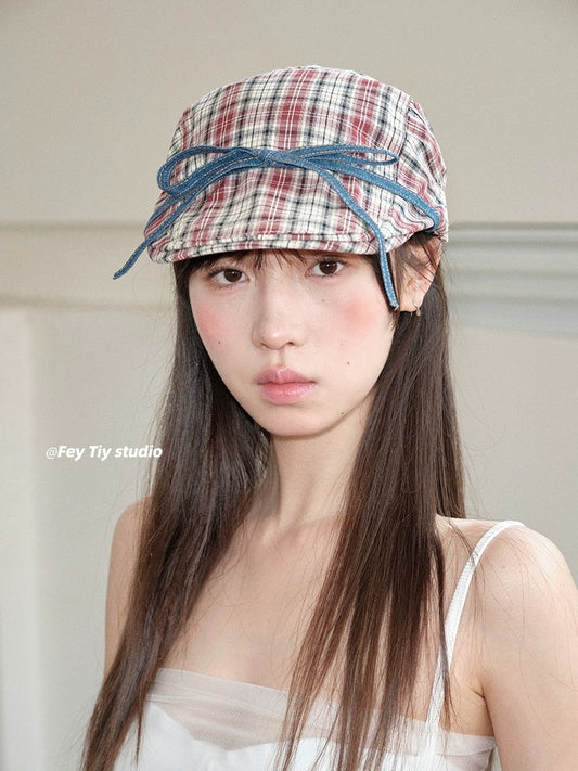 feytiy American sweetheart plaid forward hat strap bow personalized peaked cap subculture cool spring and summer