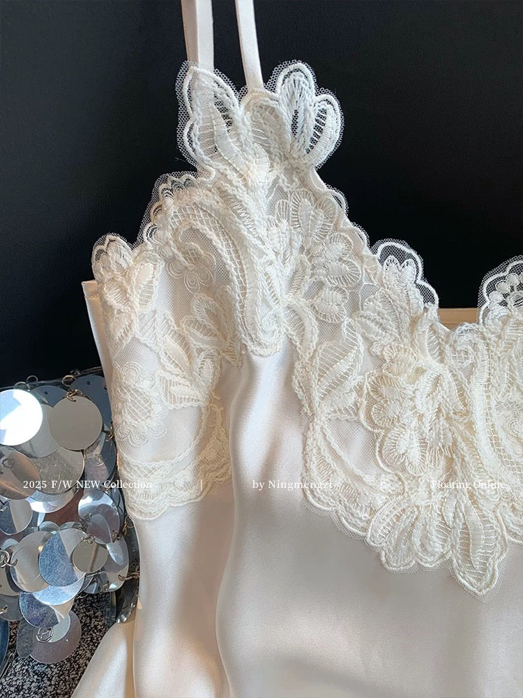 New Chinese style lace splicing v-neck acetate camisole for women summer new style temperament pure desire inner satin top