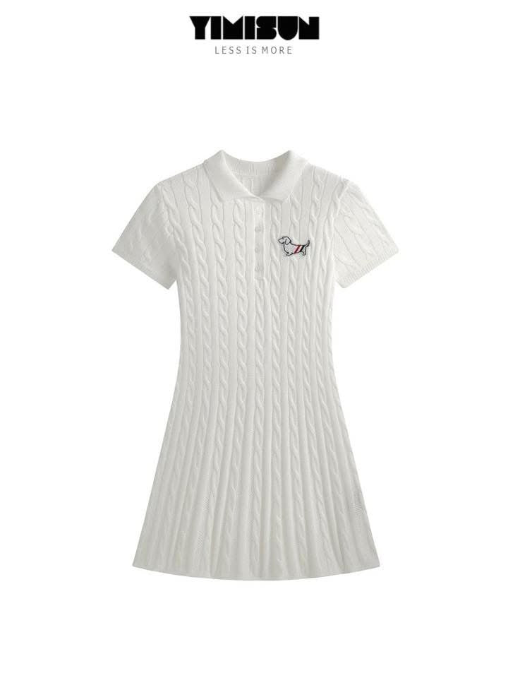 YIMISUN preppy style puppy decoration polo collar cable knit dress slim fit short sleeve dress