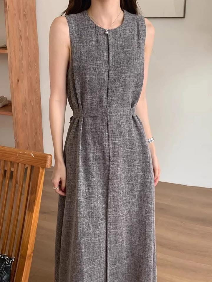 Korean chic summer retro temperament round neck tie waist slim long slit design vest dress for women
