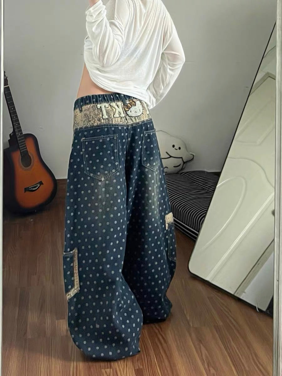 Women's polka dot terry cloth embroidered jeans, summer fashion, fun, Kitty cat, high street pleated straight leg casual pants