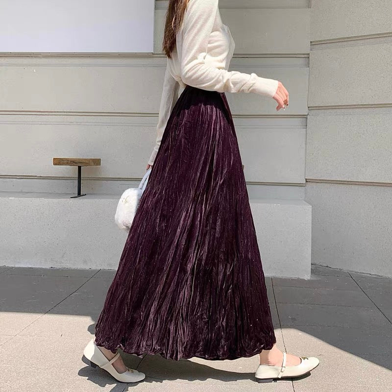 Textured rhinestone velvet midi skirt for women, high-waisted, flared, pleated, long A-line skirt with a flowing drape, perfect for autumn and winter, concealing the hips.