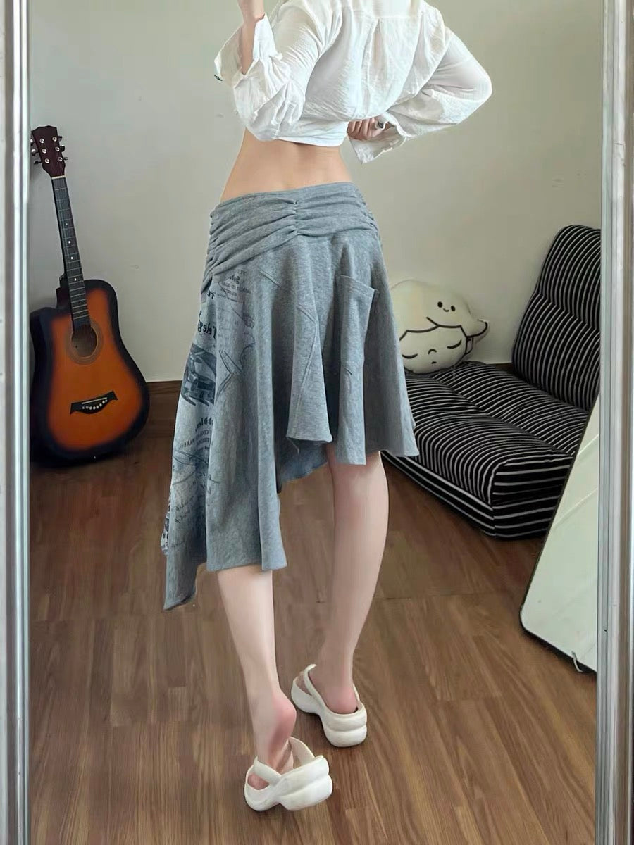 Fog-like printed knitted midi skirt for women, new summer 2026, grey, irregular, trendy, sexy, retro style.