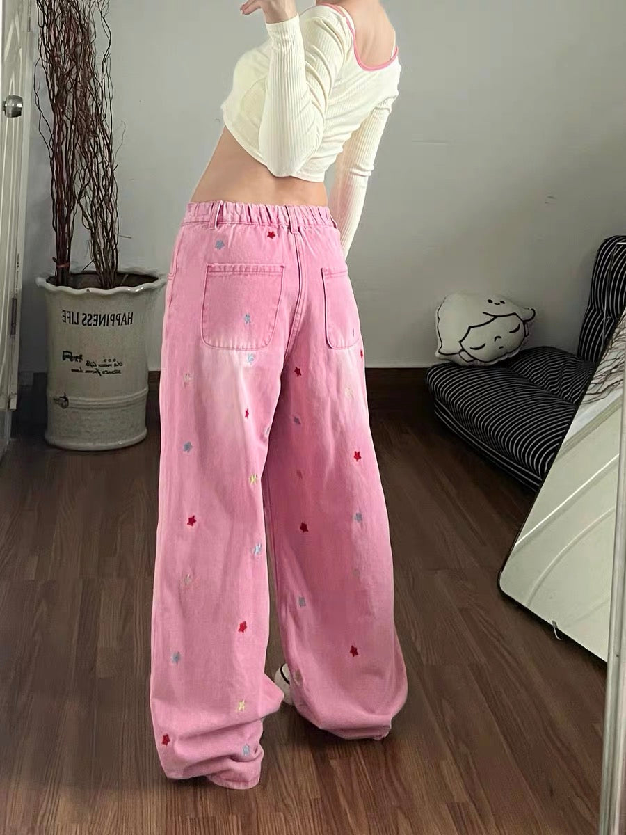 Retro distressed star-patterned denim jeans for women, new spring style, Korean fashion, dopamine-enhancing, wide-leg, slimming, casual pants.