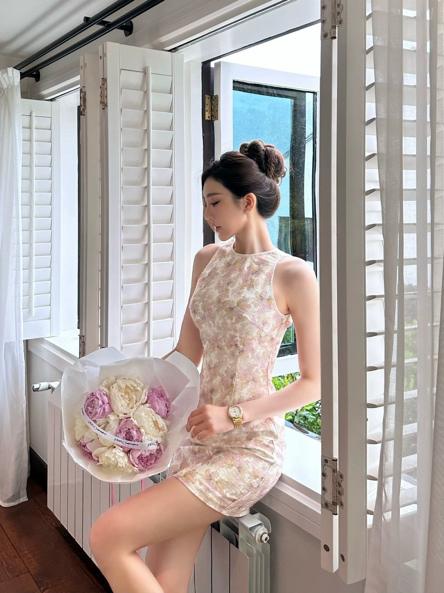 SX Shanxi pink jacquard round neck sleeveless dress female high-class lady temperament small fragrance style slim hip short skirt