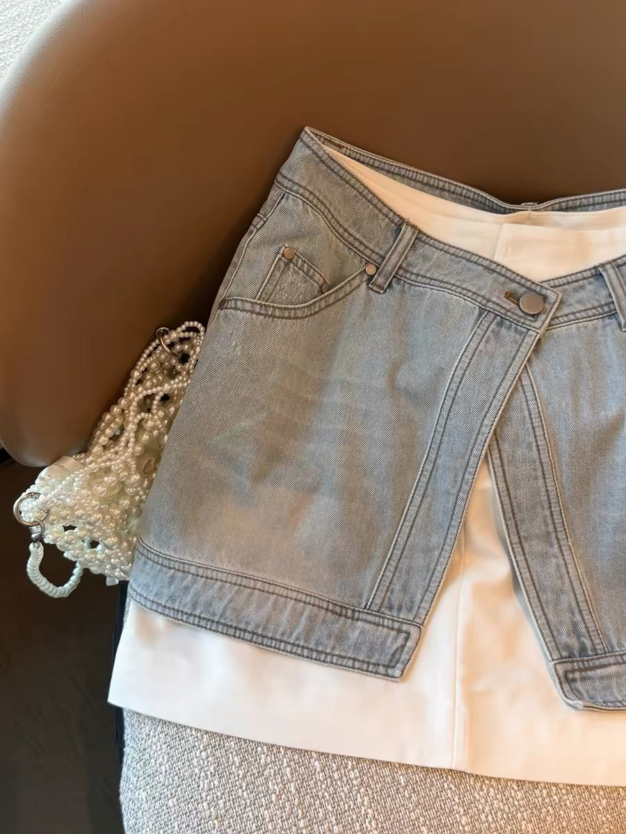 Women's A-line denim midi skirt with a two-piece design, a new summer 2026 style. A popular trend this year.