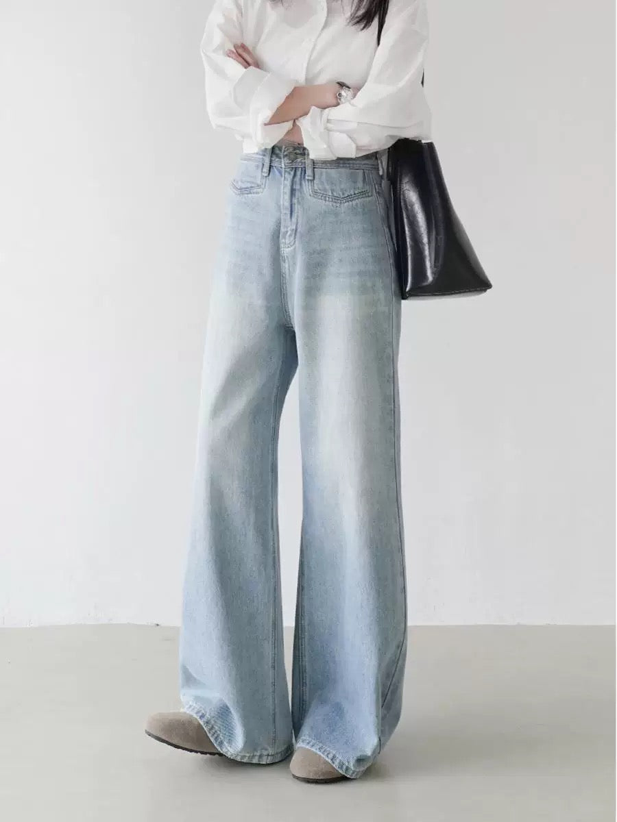 High waist slim washed wide leg pants women's summer casual loose mopping jeans long pants Korean straight pants women