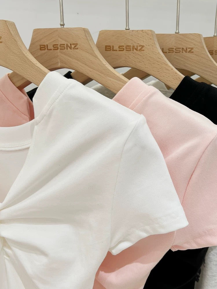 Pink cotton v-neck right shoulder short-sleeved t-shirt for women 2024 new summer design waist slim short top trendy