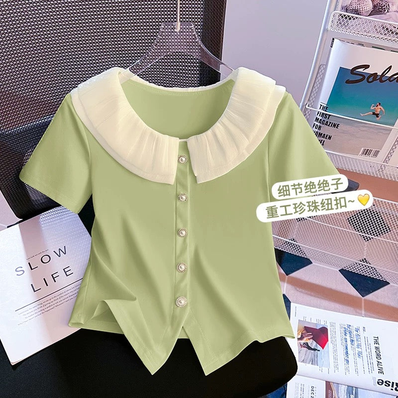 French style small fragrance mesh doll collar short-sleeved T-shirt for women summer high-end temperament slim and chic short top