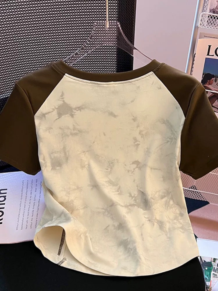 Curved hem T-shirt women's short-sleeved 2024 new summer right shoulder slim cotton short fishbone top for small people