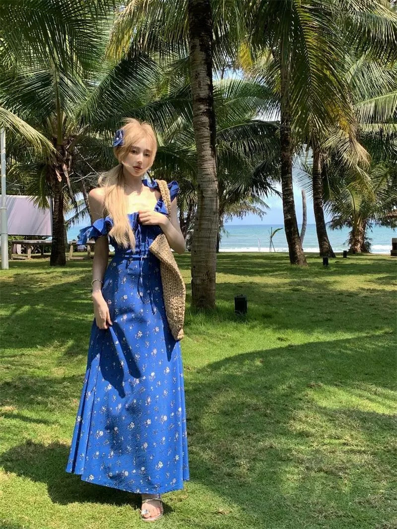 Summer beautiful dopamine blue floral white dress with waist and small flying sleeves for seaside holiday date long skirt