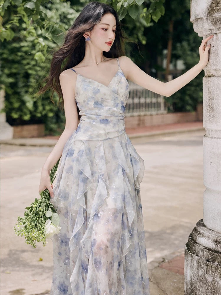 French seaside travel resort style beautiful blue oil painting floral suspender long skirt fairy super fairy dress
