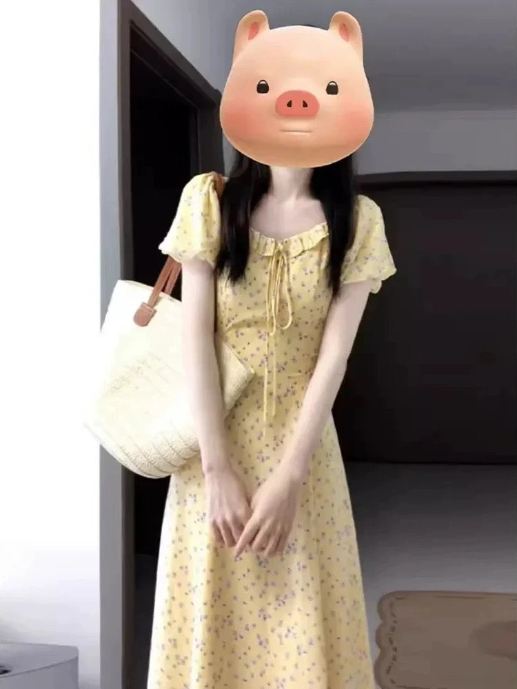 Summer dopamine outfit French yellow floral dress female 2025 new summer beautiful long dress petite
