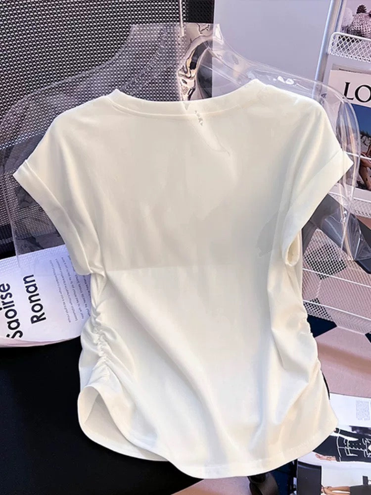 European small flying sleeve T-shirt women's short-sleeved 2024 new summer niche design unique waist pleated top
