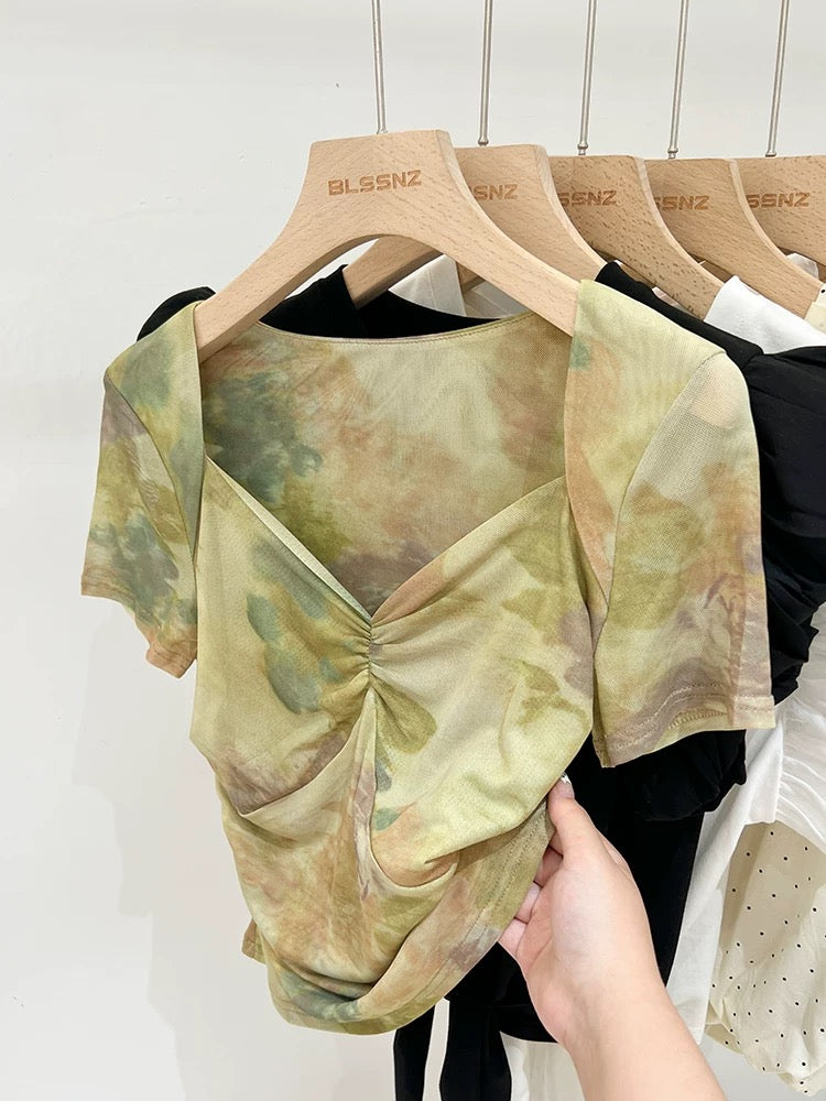 American retro tie-dye niche chic top summer 2024 new design waist-cinching mesh short-sleeved T-shirt for women