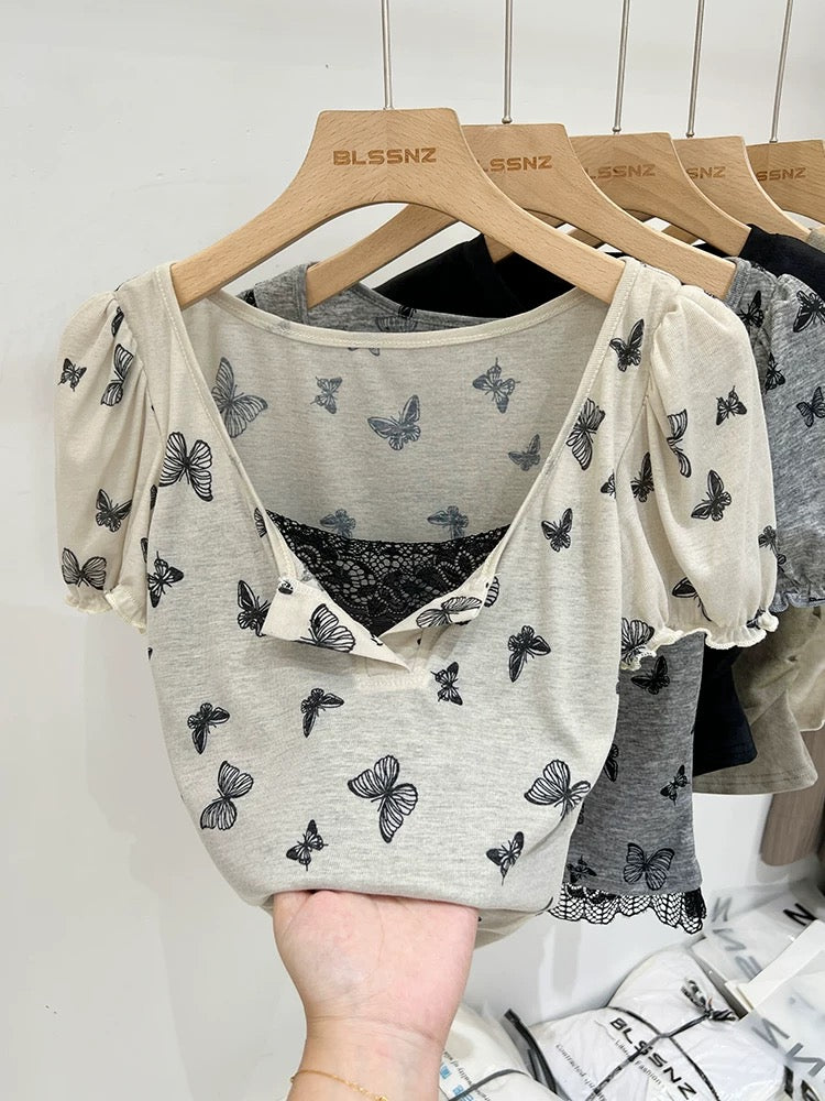 Fake two-piece spliced lace v-neck short-sleeved T-shirt for women summer 2024 new design bow slim fit top trendy