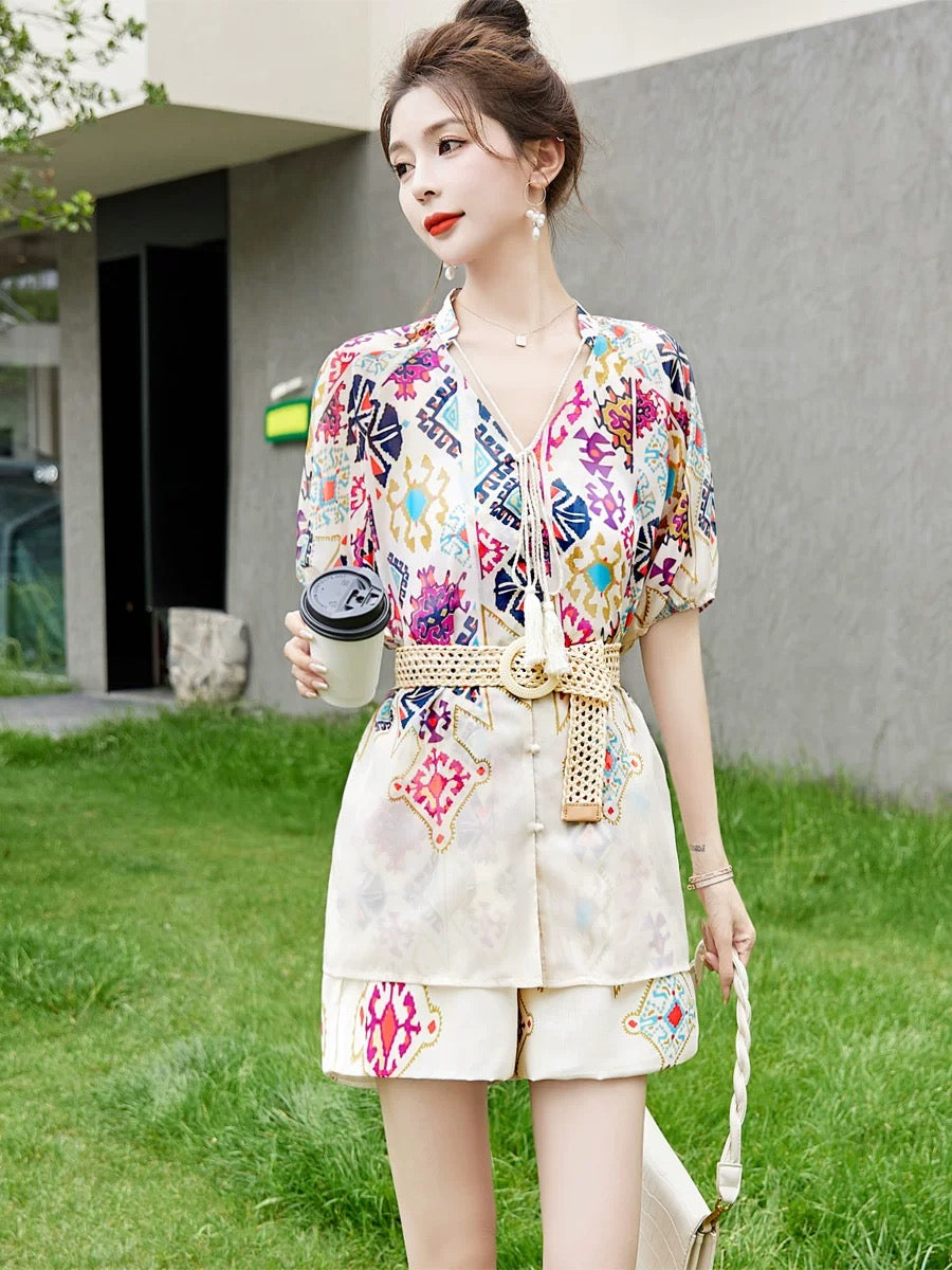 National style shorts suit for women summer 2024 new style fashionable and beautiful short-sleeved ice silk new Chinese style two-piece set