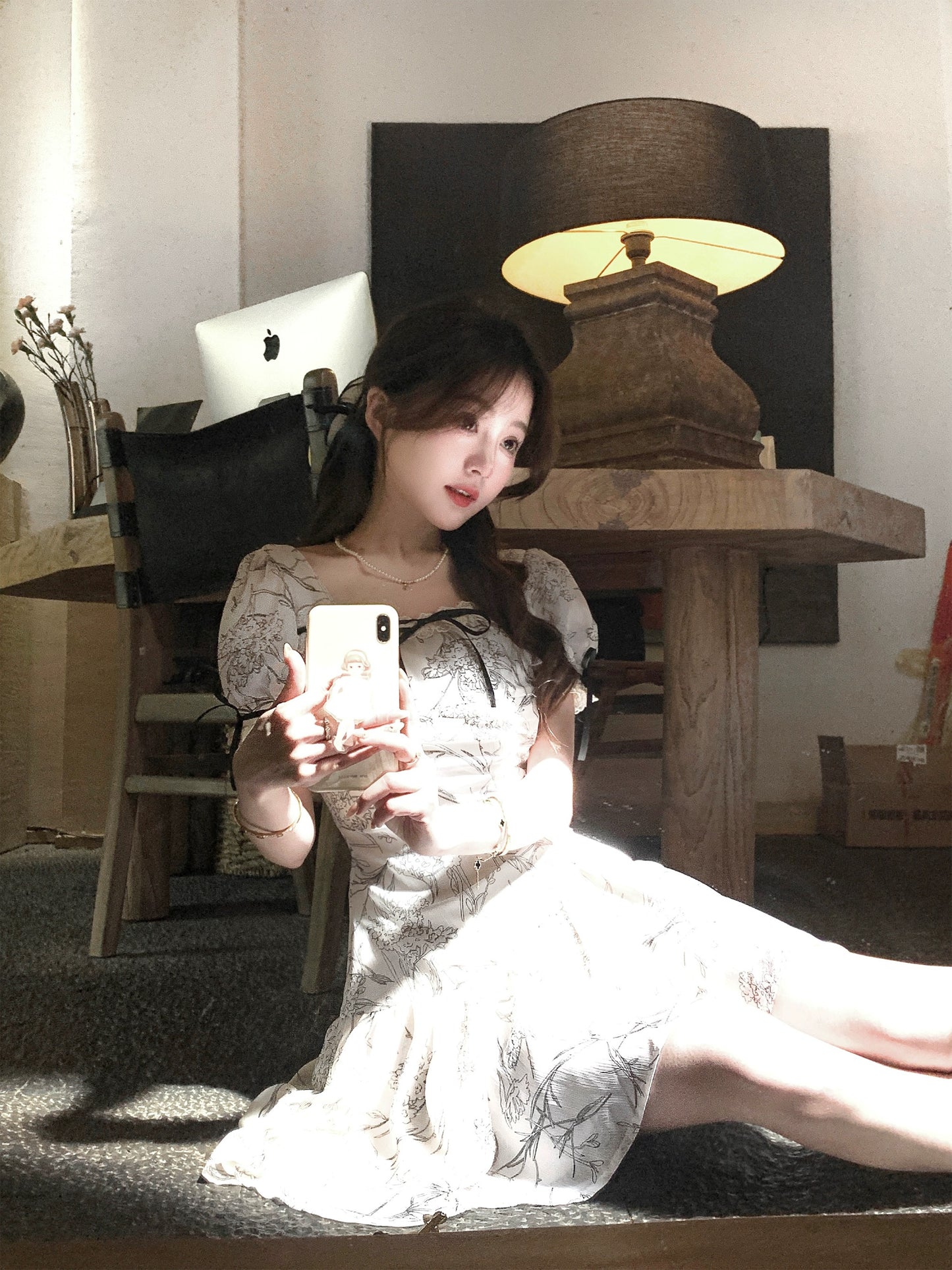 Q Girl's Shidai Ink/New Chinese Style National Style Square Neck Dress Women's 2024 Summer Retro Temperament Floral Skirt