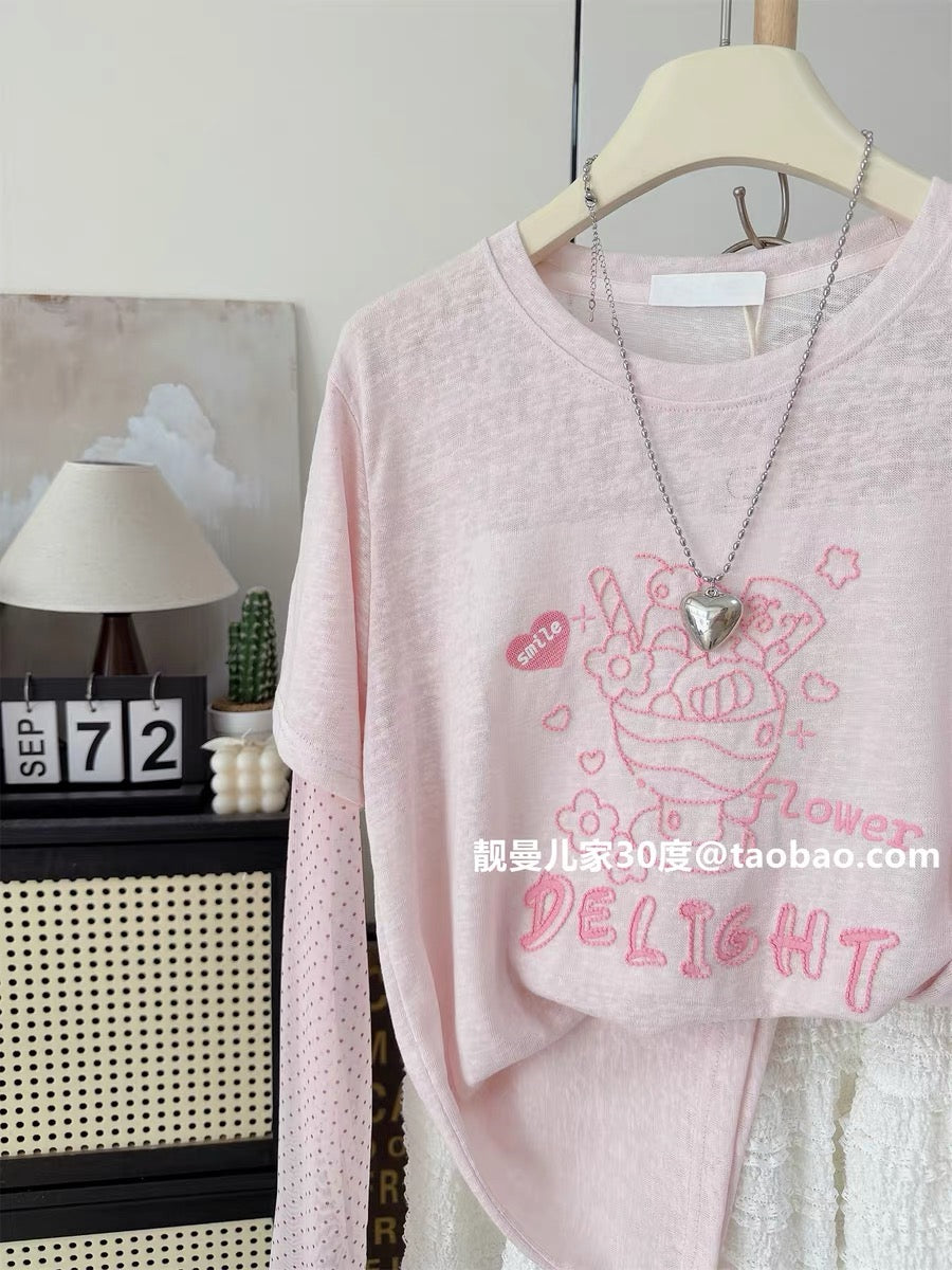 Colorful and girly~ Strawberry summer loose-fitting polka dot mesh faux two-piece sun protection long-sleeved T-shirt