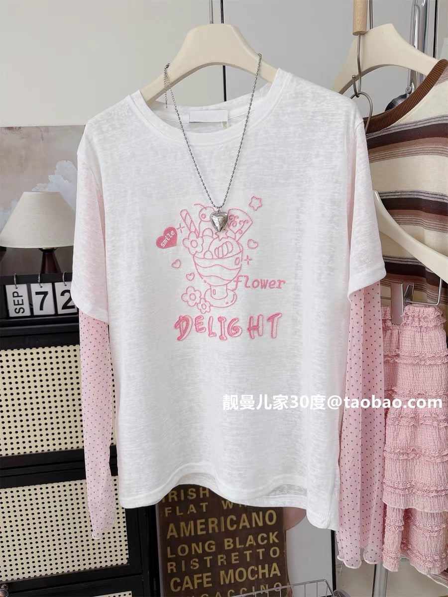 Sweet and cute~ Summer loose-fitting ice cream embroidered top, polka dot mesh patchwork sleeves, faux two-piece long-sleeved T-shirt with sun protection