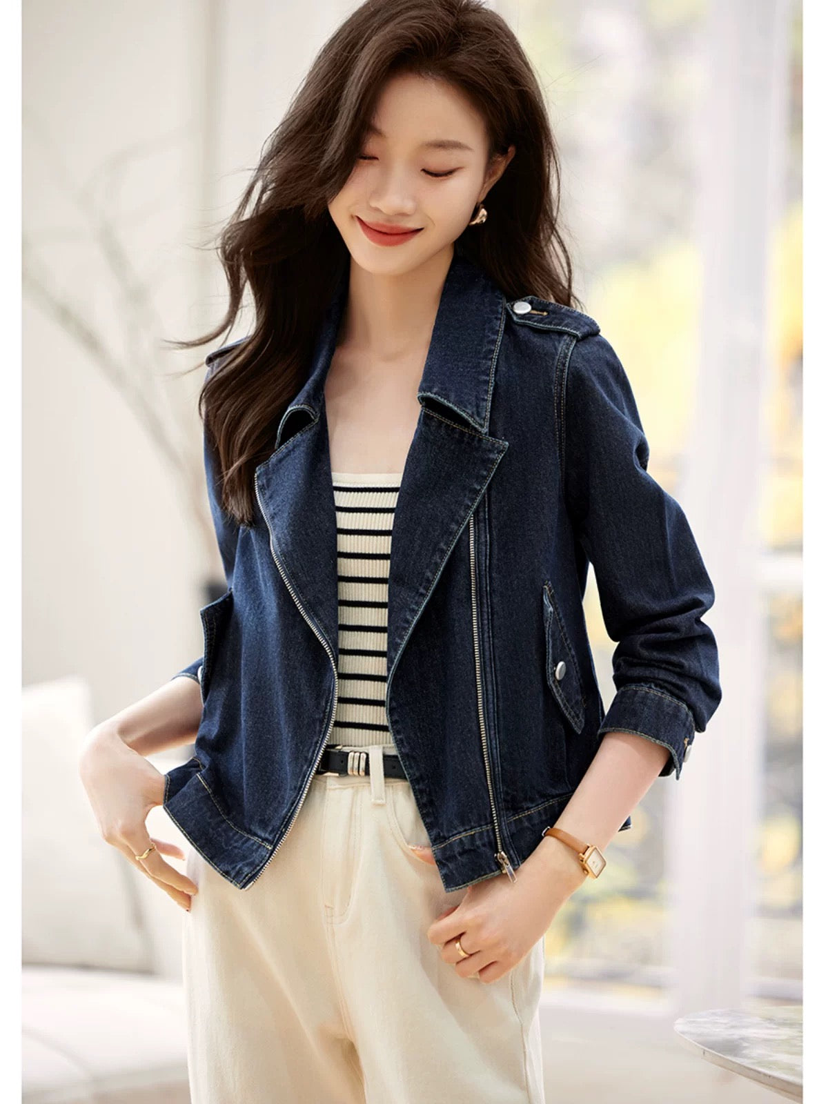 Mohan Yimei straight shoulder denim jacket coat 2025 spring new fashionable casual versatile design denim jacket