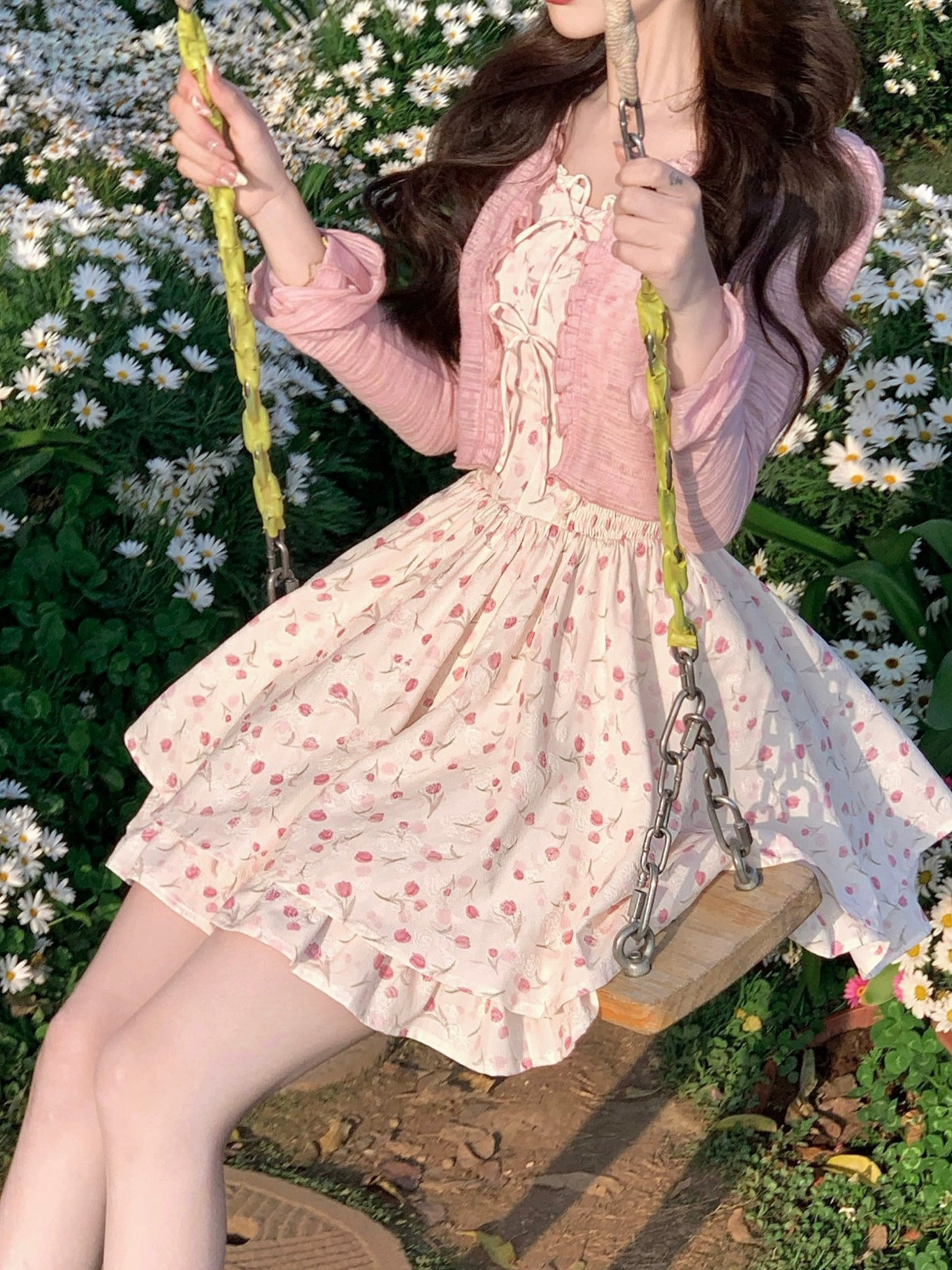 Q Girl's Home Peach Stuffed Light Sakura/French Floral Dress Women's Summer Pink Little Sweet Suspender Short Skirt
