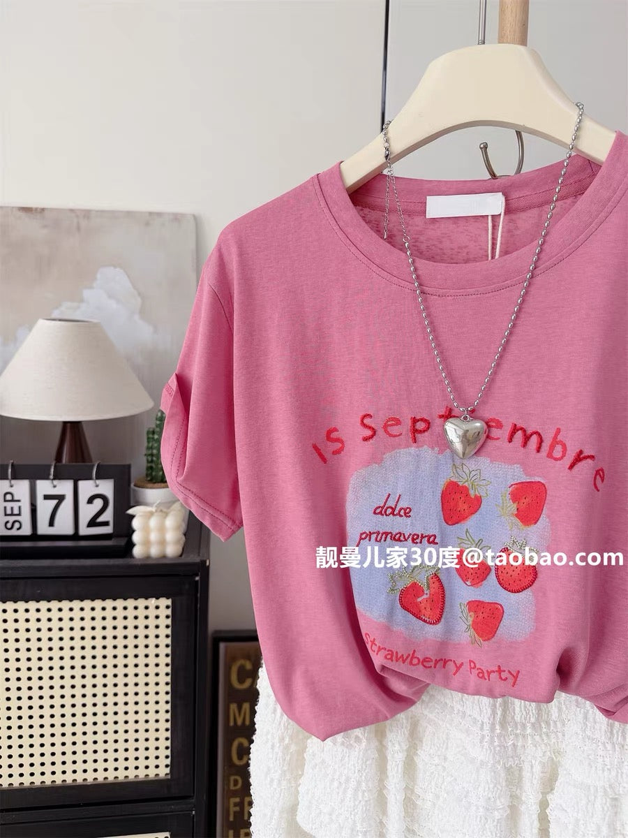 Six Strawberries ~ Floral Embroidery Summer Thin Loose Women's Top Korean Style Dopamine Sweet Slimming Short-Sleeve T-Shirt