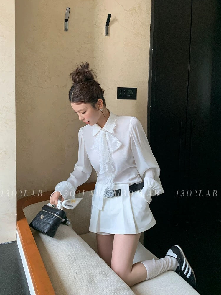 1302LAB French heavy lace stitching big bow white shirt 2025 spring new beautiful top