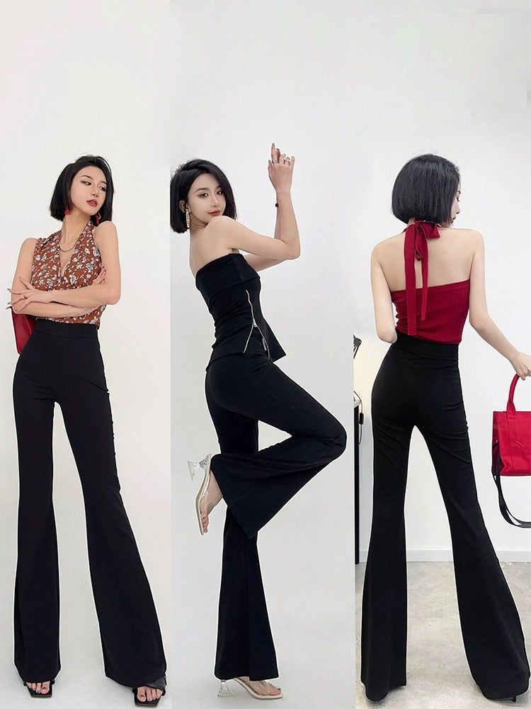 Light fabric tone tall trousers summer thin high-waist slim stretch floor-length trousers drapey wide-legged large bell-bottom trousers for women