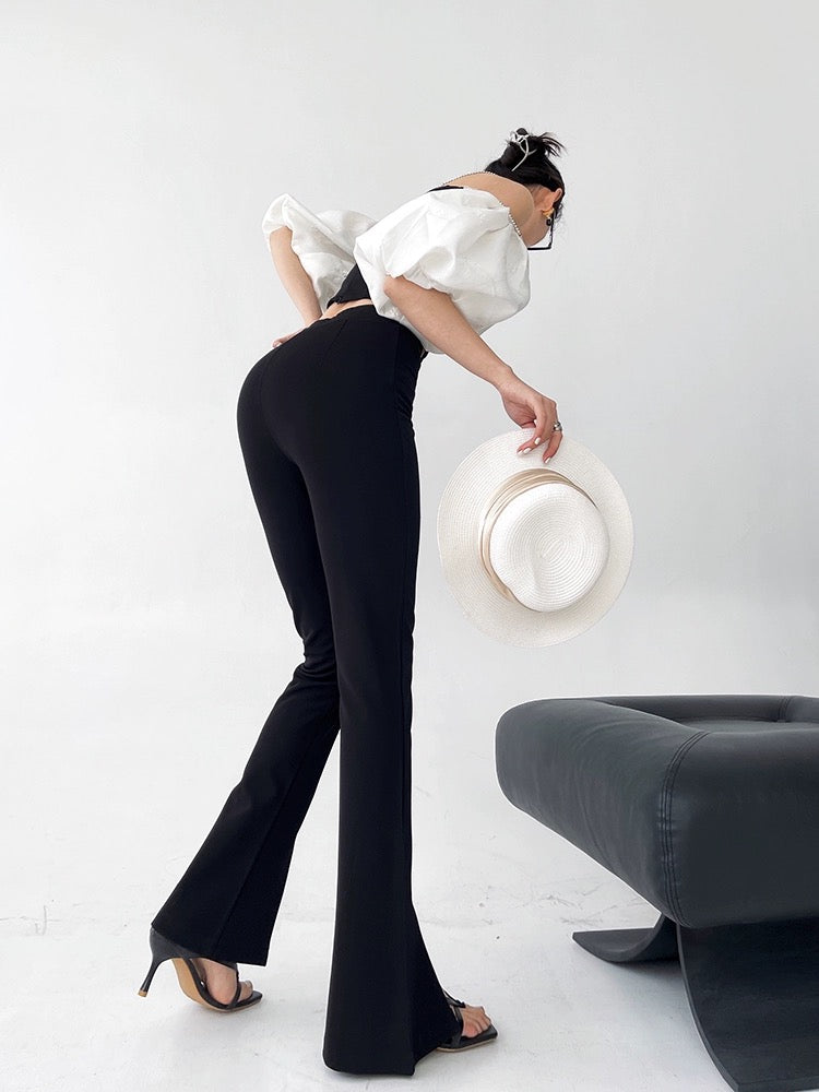 Light fabric tone tall trousers spring and autumn high waist slim fit front slit slim casual suit floor-length slightly flared trousers