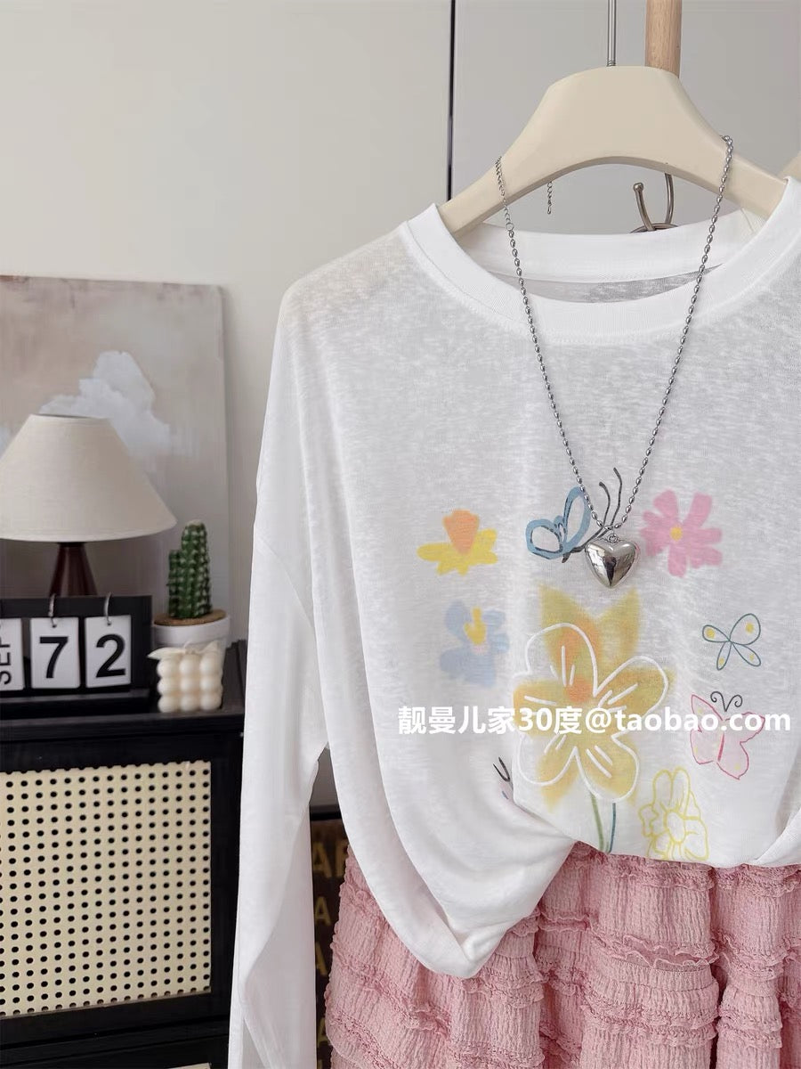 Lyocell Tencel Summer Super Thin Cool Fit Loose Oversized Floral Print Long Sleeve Sun Protection T-Shirt