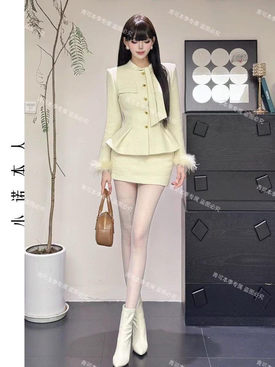 Xiaonuo's own gold-colored cotton suit, waist-cinching and elegant lady jacket, high-waisted hip skirt, two-piece set 241024