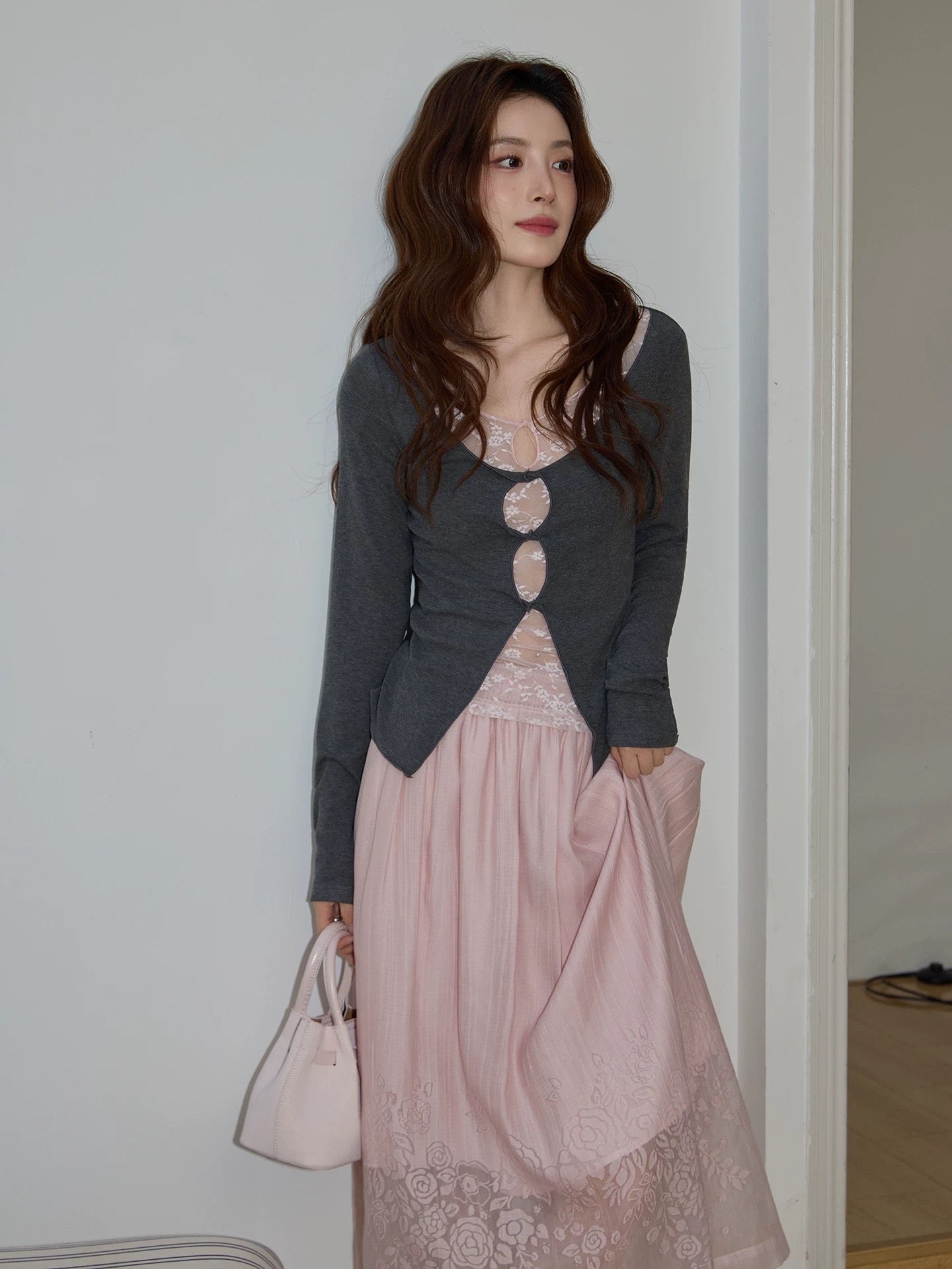 Chaochao's Gentle Gray Lace Faux Two-Piece Knit Top and Pink Skirt Spring Casual Set