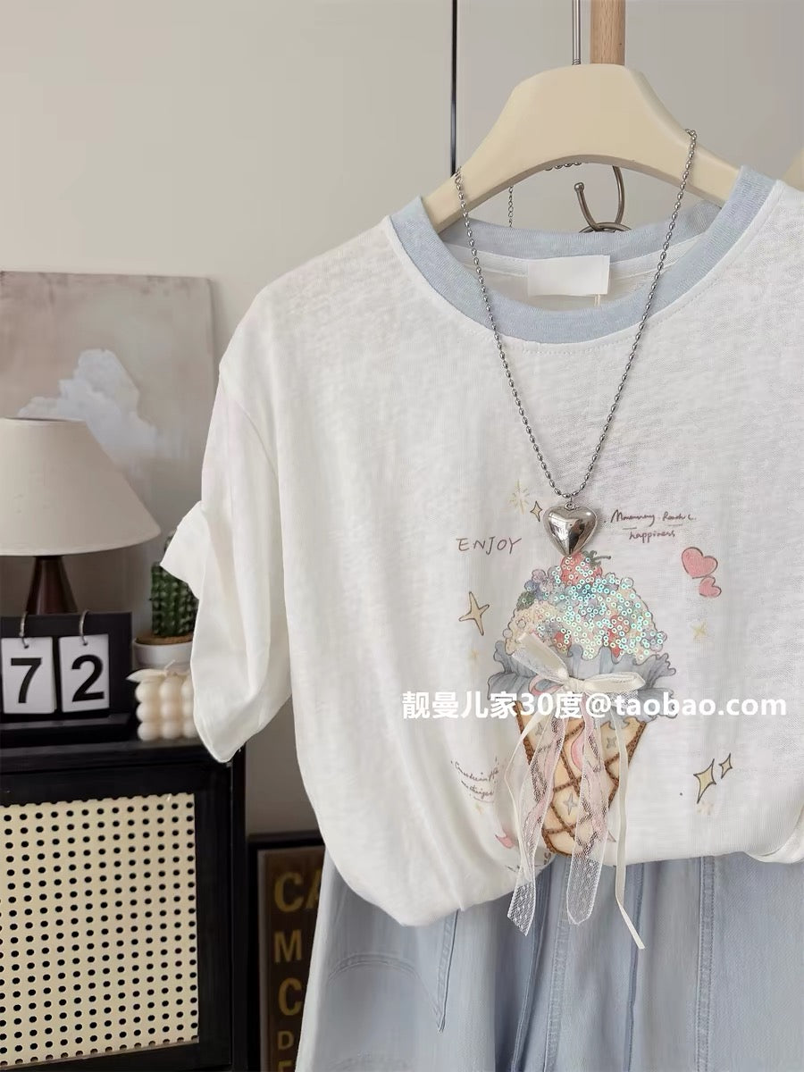 Full of sincerity~ Sequined ice cream style simple and stylish loose top, Korean style petite linen cotton short-sleeved T-shirt