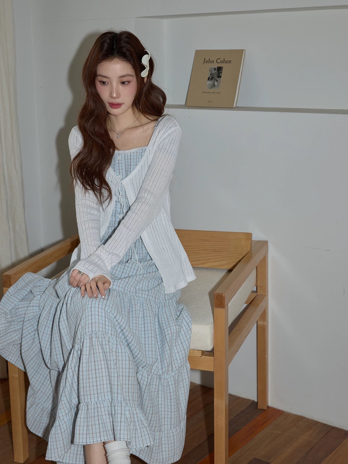 Chaochao's Japanese-style blue plaid suspender dress, spring 2026, relaxed, elegant, casual, slim-fitting A-line long skirt.