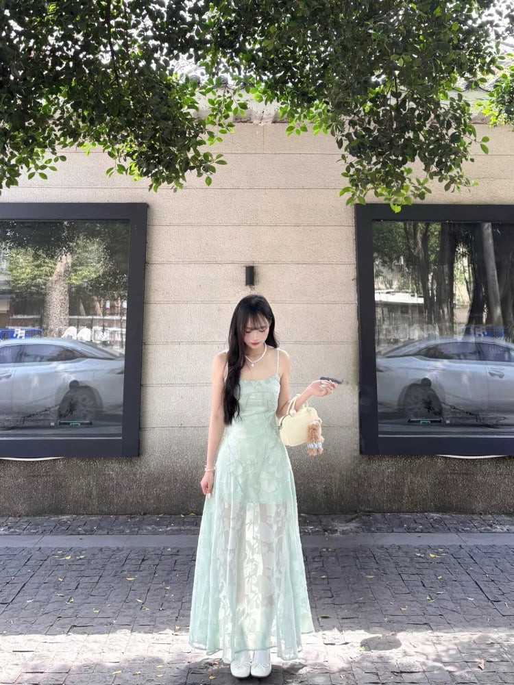 French unique beautiful waist green sling mesh dress female 2025 new summer beautiful slim long skirt